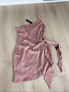 Lulu's Dusty Rose One-Shoulder Satin Wrap Dress